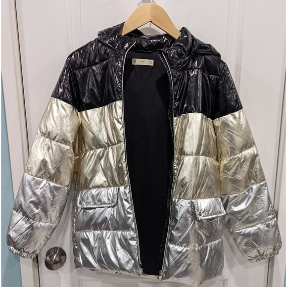 Mango Mng Kids Black Gold Silver Puffer Jacket Coat Girls Size 13 14 - Picture 3 of 7